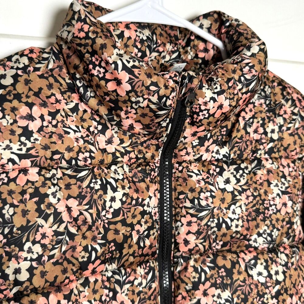 Time and Tru Girls L 12-14 Floral Puffer Jacket Brown Pink Winter Coat Full Zip